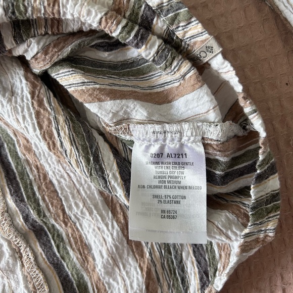 Columbia Button Up Blouse Womens XL Striped Green Tan Long Sleeve Crinkle Crepe - Picture 3 of 5